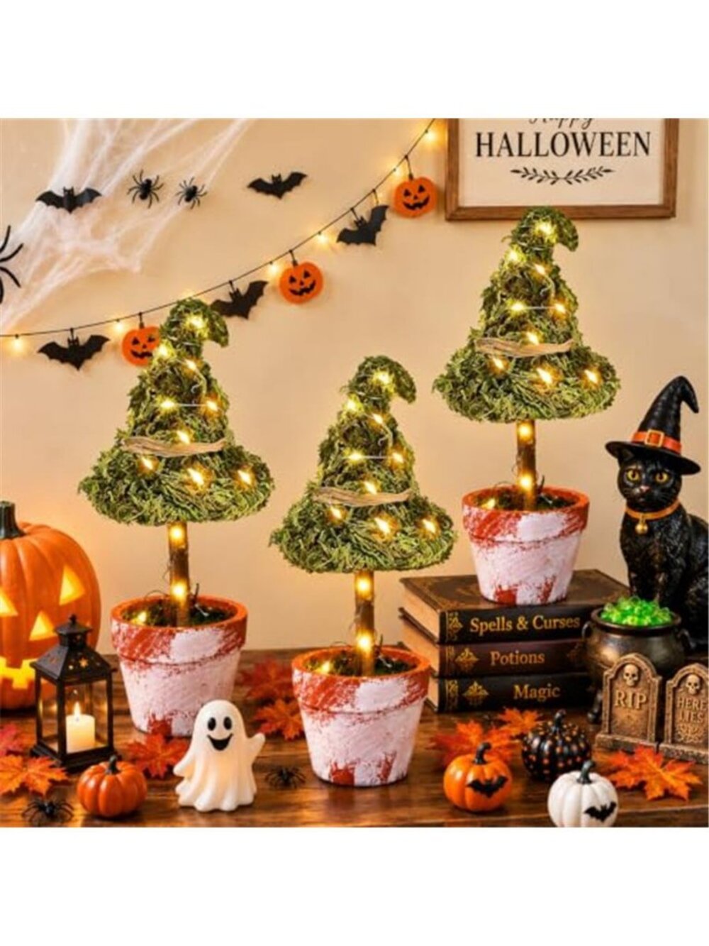 3 Pcs Halloween Witch Hat Topiary Plant Decor with LED Lights